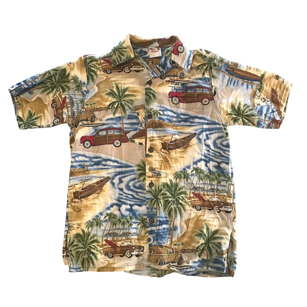 Go Barefoot Hawaiian Shirt Mens Small Woody Wagon Palm Tree Surf Beach USA Made
